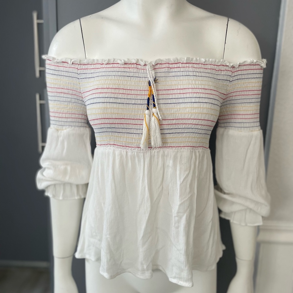 Off the shoulder peasant style peplum blouse